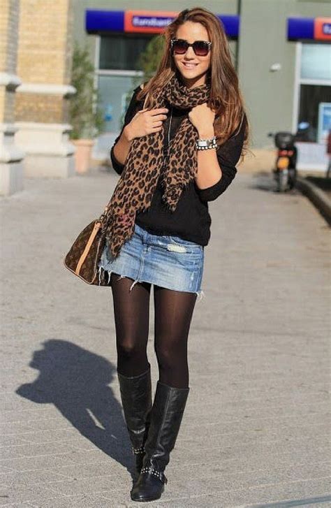 denim skirt tights and boots.